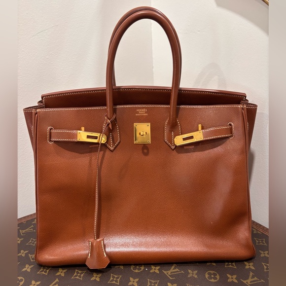 Hermes Handbags - Authentic HERMES BIRKIN 35 chestnut brown veau grain leather gold hardware